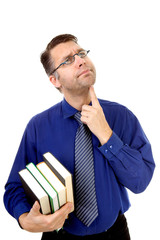 nerdy geek carry books over white background