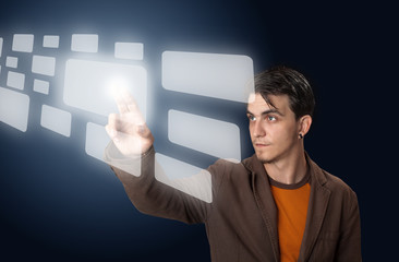 man pressing a touchscreen button