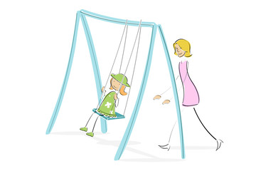 mom pushing daughter on swing