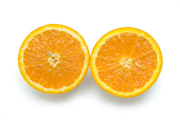 Slices of peeled orange on white background