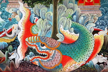 Fish in Traditional Thai style art painting on temple's wall