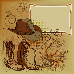 vector frame with a cowboy hat, boots and flowers