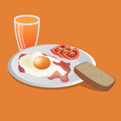 big tasty breakfast - fried egg, bacon, tomato, bread and juice