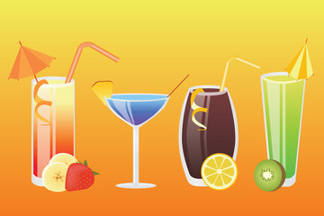 four kind of different drinks on the orange background