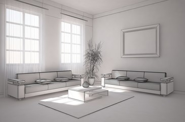 grey interior composition with wire furniture