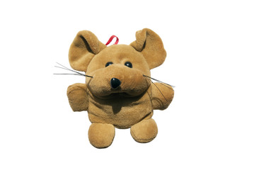 Toy mouse is brown thick plush isolated on white