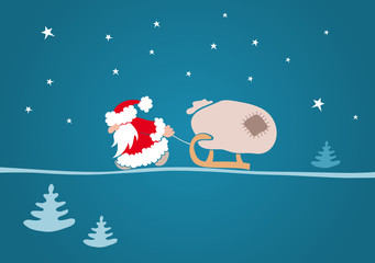 Der Weihnachtsmann zieht einen Schlitten mit einem Sack