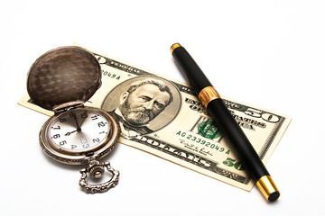 pocket watch, pen and banknote
