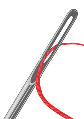 Needle eye with the passed red thread through