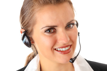 smiling modern business woman with garniture isolated on white.