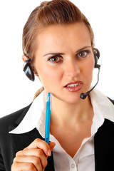thoughtful modern business woman with headset isolated on white.