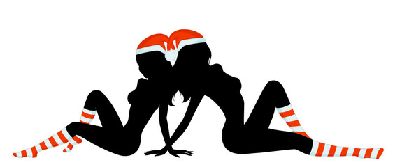 beautiful girl is in socks and cap of Santa Claus