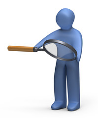 3D human stick figure holds a magnifying glass