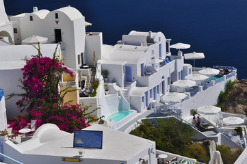 Gardens and traditional buildings in Oia, Santorini, Greece