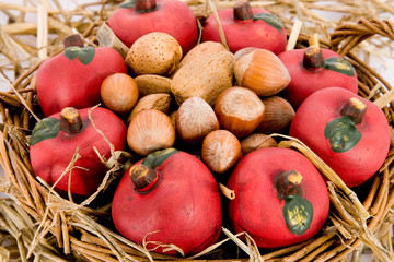 Apples and nuts in a basket