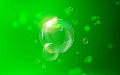 Realistic vector soap bubbles with green background