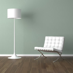 white barcelona chair and lamp on green - obrazy, fototapety, plakaty