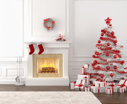 white and red christmas fireplace interior