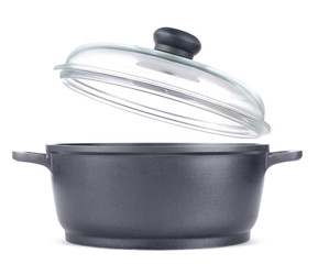 Stainless pan with open up glass cover isolated