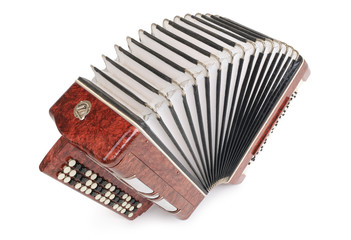 Brown bayan (accordion) top view on white background