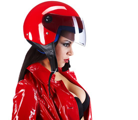Sexy biker.  woman in red
