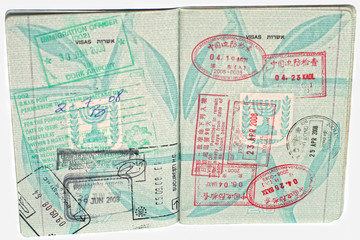 Israeli open passport with passport stamps
