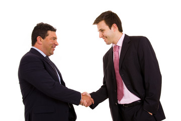 Two happy business man shaking hands over a white background