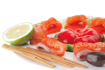 fresh salmon slices on white