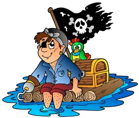 Fotobehang Piraten Cartoon piraat zeilen op vlot