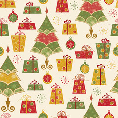 Seamless pattern with decorated trees and gifts