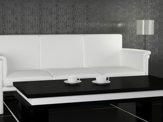 Black and white dining room, modern interior, 3D illustrations