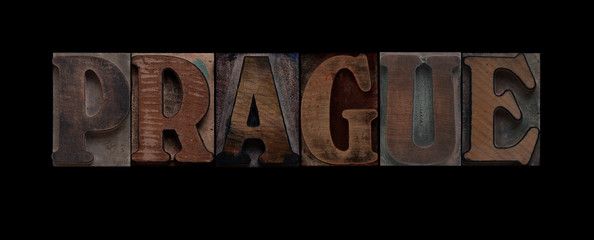 the word Prague in old letterpress wood type