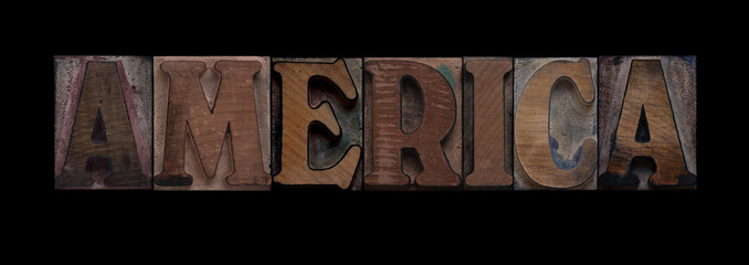 the word America in old letterpress wood type