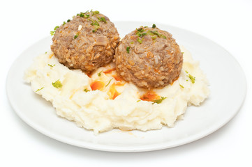 mashed potatoes and meatballs isolated