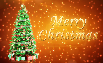 Merry Christmass Postcard with Firtree on Red Background