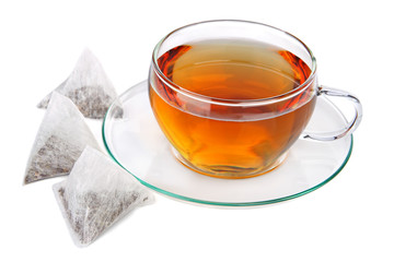 Cup of tea with pyramid teabags