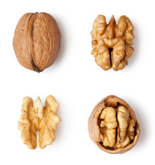 walnut and a cracked walnut isolated on the white background