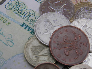 British Sterling pound banknotes and coins