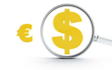 Gold symbols of dollar and euro under a magnifier