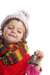 little girl holding christmas bell isolated