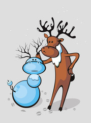 Santa's reindeer resting on a halt and mold snowman