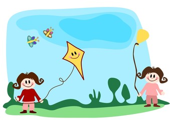 Obraz na płótnie Canvas Illustration: Mädchen mit Drache und Luftballon