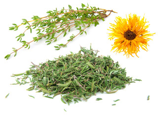 dried and fresh thyme isolated on white background