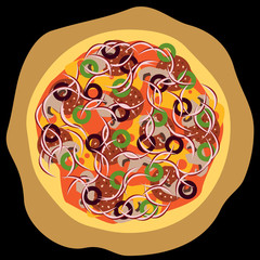 pizza with salami, olives, cheese, mushroom, onion