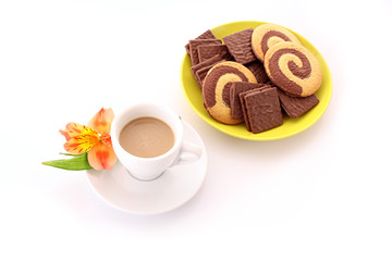 cup of coffee and cookies isolated on white
