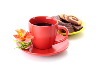 cup of coffee and cookies isolated on white