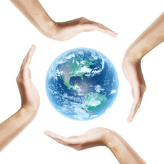 Earth with human hands around it. Isolated on white background.