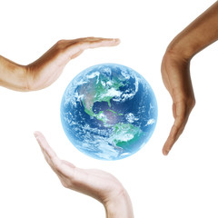 Earth with multiracial human hands. on white background.