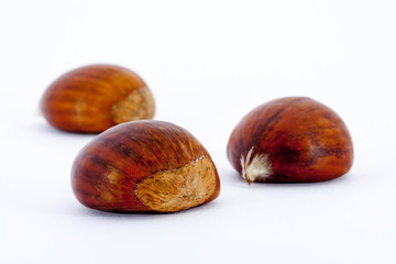 Nahaufnahme von Esskastanien auf weissem Hintergrund