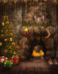 Domek elfów z kominkiem i dekoracjami - obrazy, fototapety, plakaty